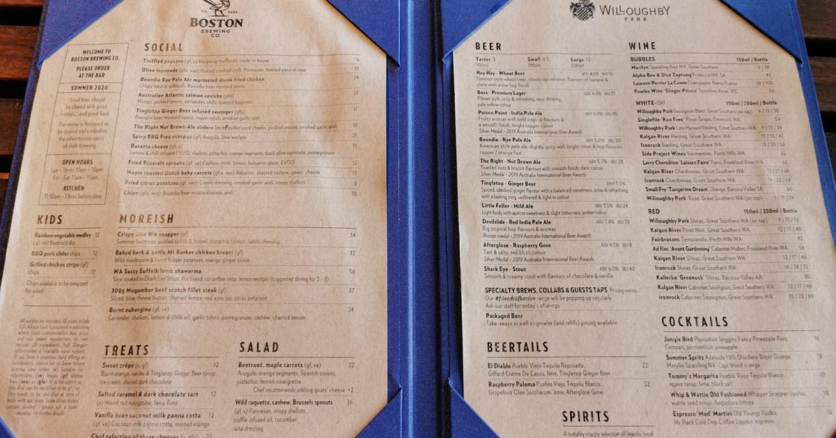 Boston Brewing Victoria Park menu