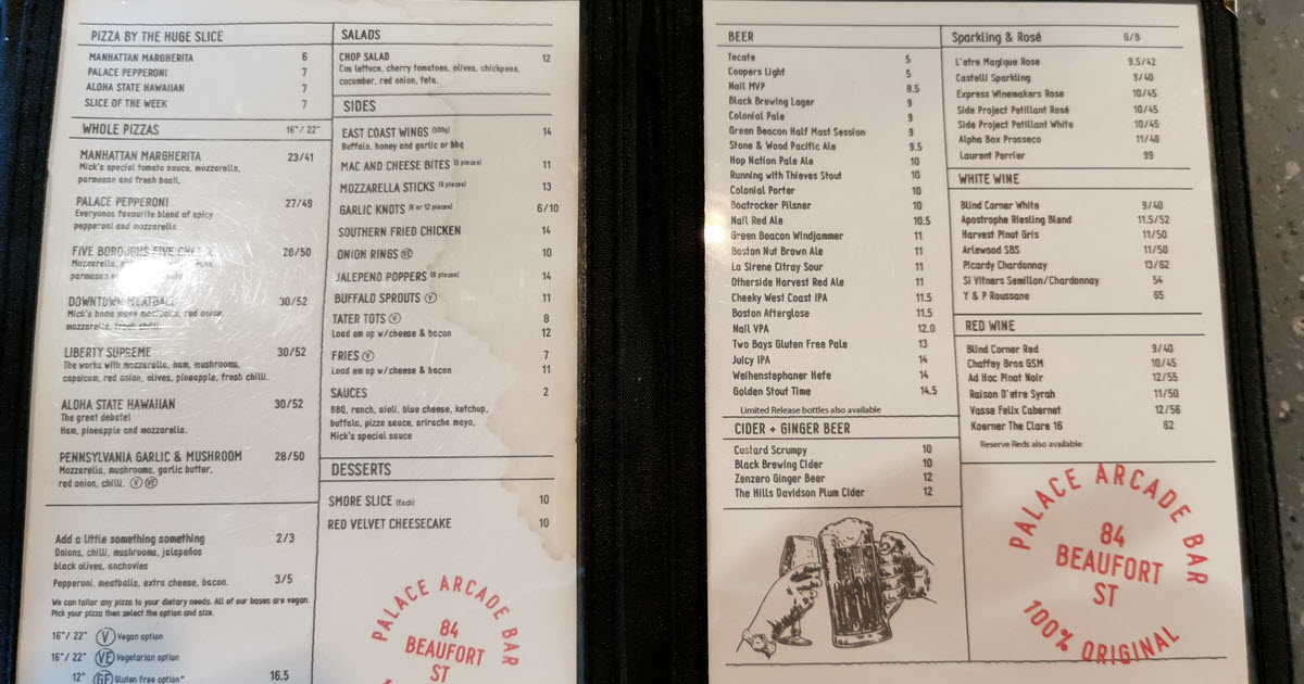 palace arcade victoria park beer venue menu