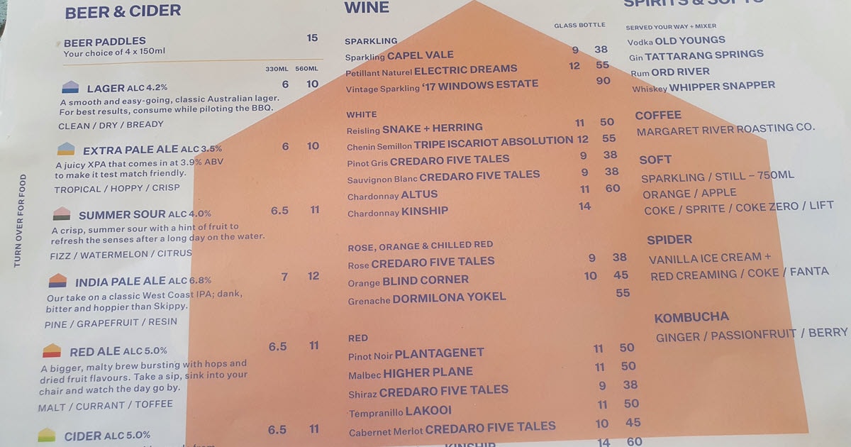 Menu options, food and drink, available at Shelter Brewing in Busselton, WA.