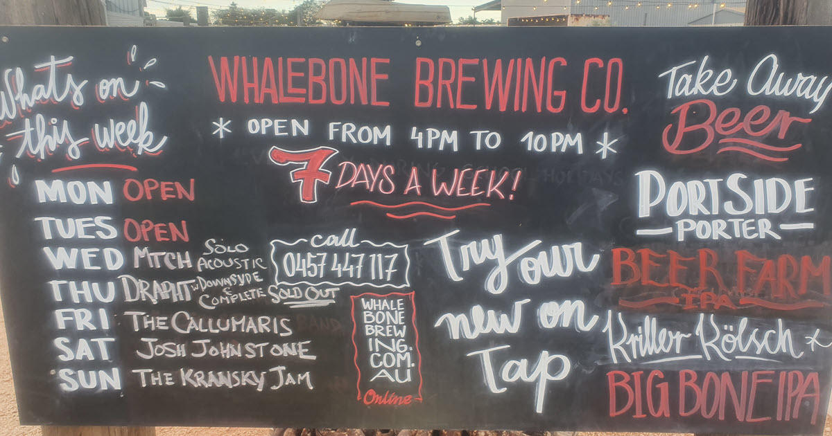 Promotional sign about Whalebone Brewing Co at their venue in Exmouth, WA.