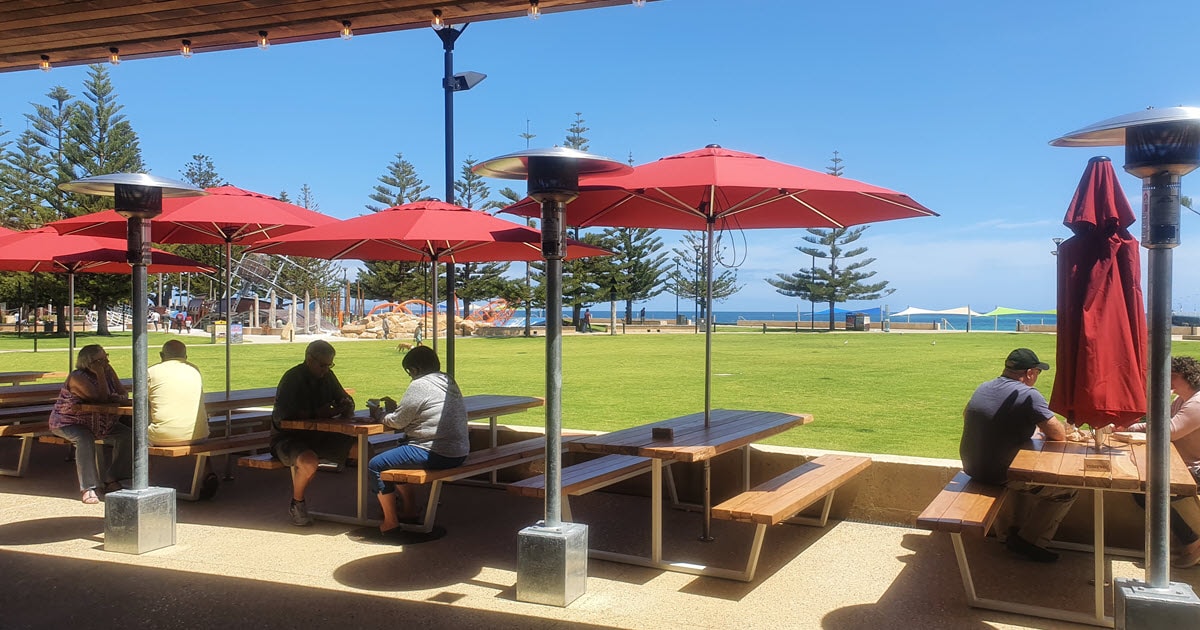 Outdoor dining area at Shelter Brewing Co, Busselton.